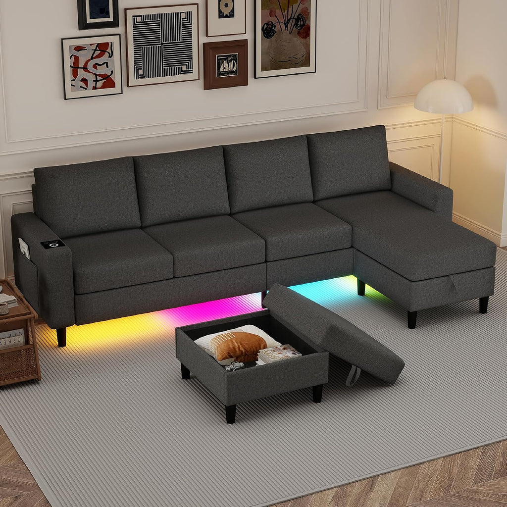 Sectional Couches for Living Room, 109' U Shaped Cloud Couch with Chaise Lounge/Storage Ottoman, 4 Seat Linen Sectional Sofa with Smart Module-Wireless Charging/USB/Type-C/RGB Lights (Dark Grey)