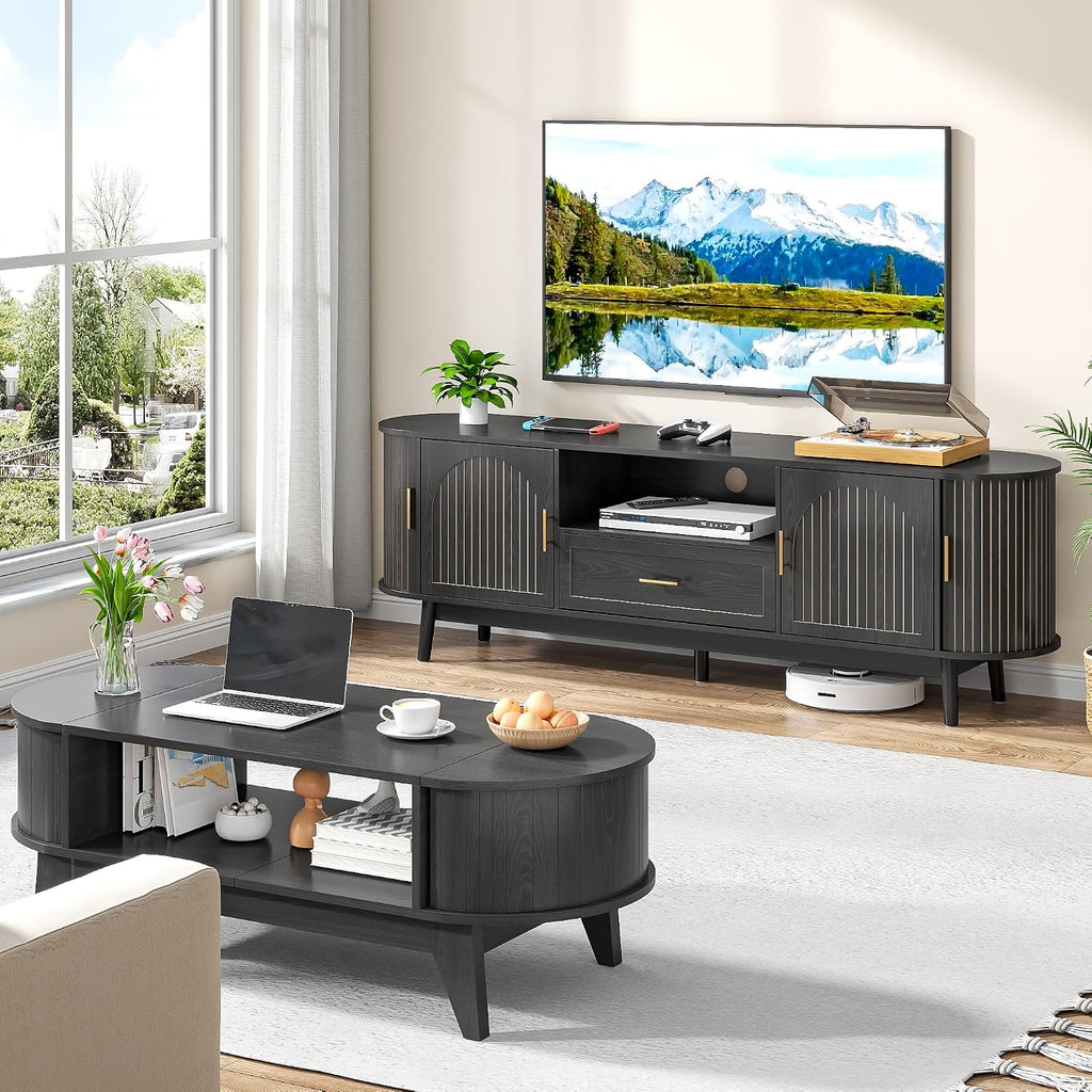 70' Fluted TV Stand for Tvs up to 80', Mid-Century Modern Entertainment Center with Drawers and Fluted Doors, Curved TV Media Console Table with Sliding Doors for Living Room, Bedroom (70' Black)