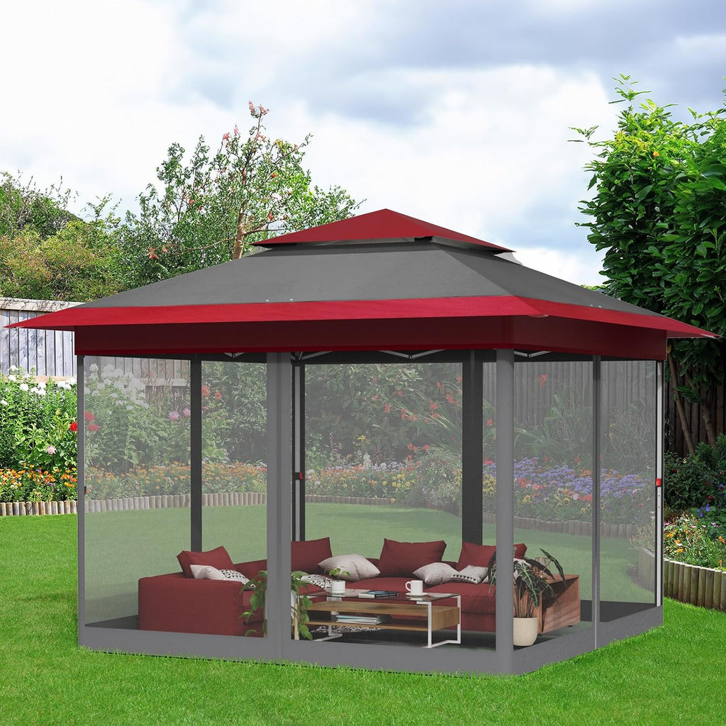 TLSUNNY 13' X 13' Pop Up Gazebo, Outdoor Canopy Tent W/4 Mesh Walls & Wheeled Bag, Screened Shelter with Netting, One-Person Set Up, Height Adjustable, for Patio, Yard, Party, Garden (Burgundy)