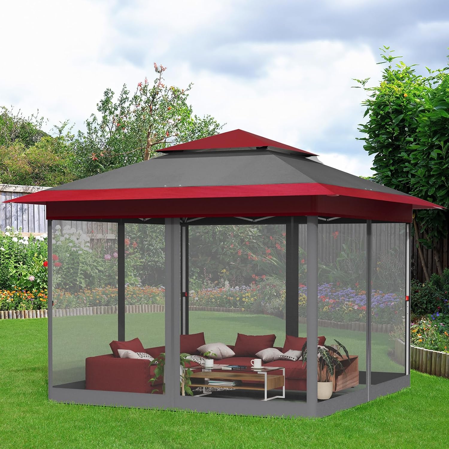 TLSUNNY 13' X 13' Pop Up Gazebo, Outdoor Canopy Tent W/4 Mesh Walls & Wheeled Bag, Screened Shelter with Netting, One-Person Set Up, Height Adjustable, for Patio, Yard, Party, Garden (Burgundy)