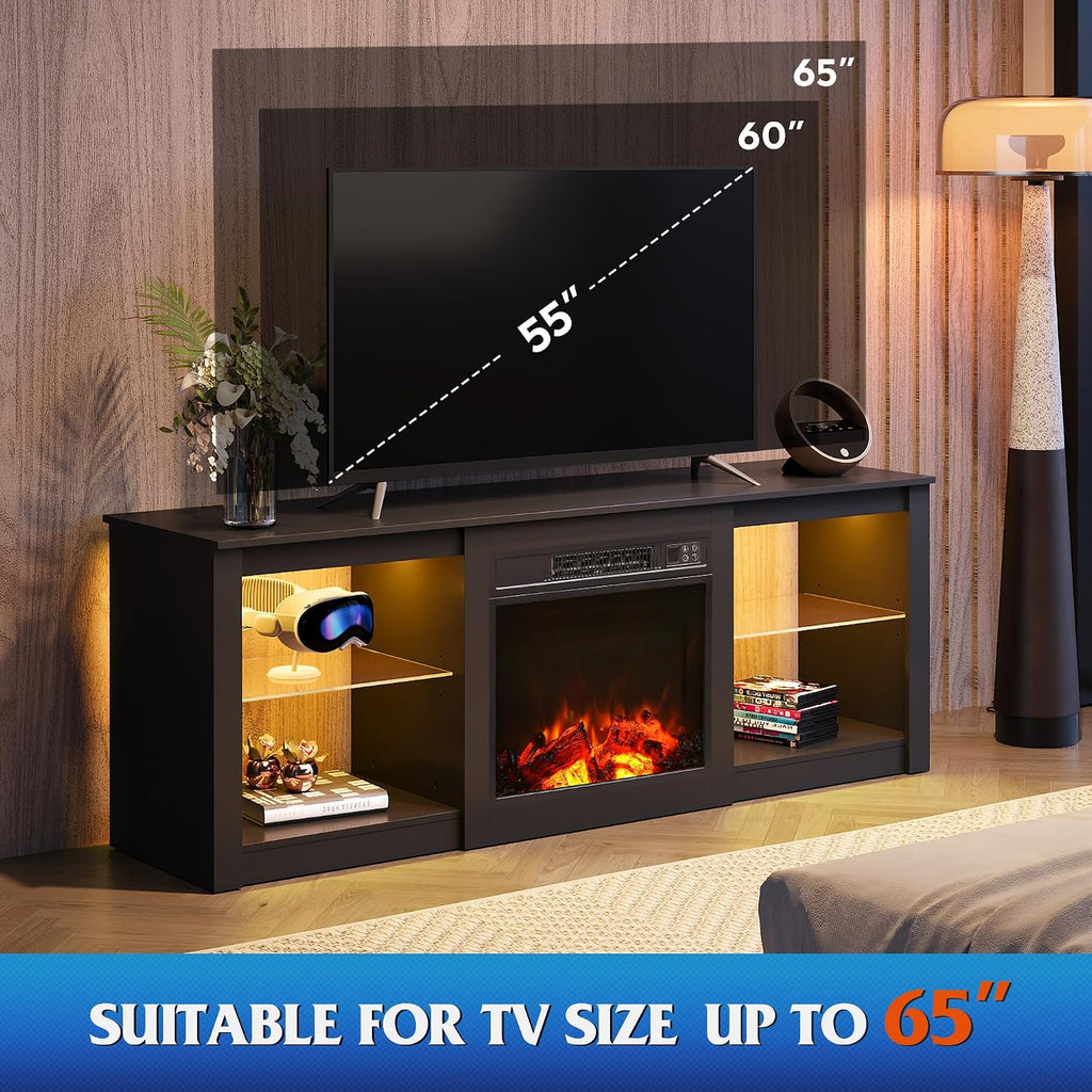 WLIVE 58 Inches Fireplace TV Stand with LED Lights, Modern Entertainment Center with 18'' Electric Fireplace & Adjustable Glass Shelves, Sturdy Media Console for Living Room, Bedroom (Black)