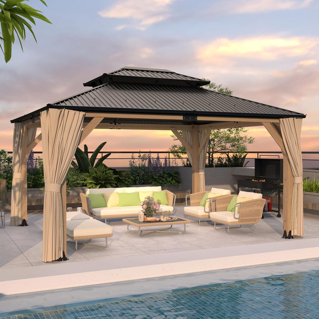 LVUYOYO 13' x 15' Wood Gazebo, Outdoor Hardtop Gazebo, Double Galvanized Steel Roof Gazebos Pergola with Curtains and Nettings, Wooden Pavilion for Patio, Backyard, Deck, Garden