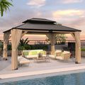 LVUYOYO 13' x 15' Wood Gazebo, Outdoor Hardtop Gazebo, Double Galvanized Steel Roof Gazebos Pergola with Curtains and Nettings, Wooden Pavilion for Patio, Backyard, Deck, Garden