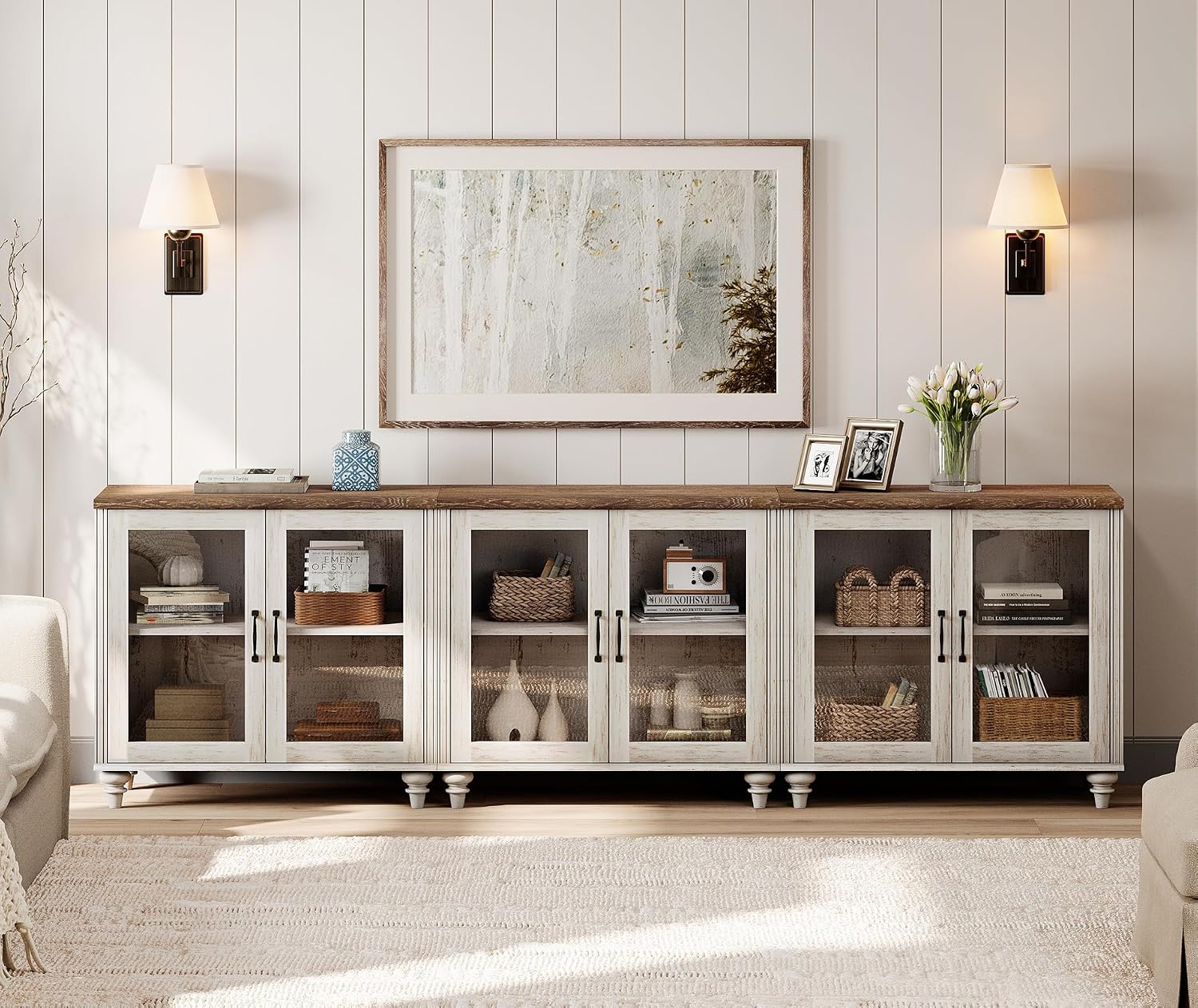 WAMPAT Farmhouse TV Stand for 100 Inch TV, Glass Wooden Universal TV Stand with 3 Storage Cabinets, Entertainment Center for 75/80/85/90 Inch TV, Console Table for Living Room, Bedroom, Rustic White