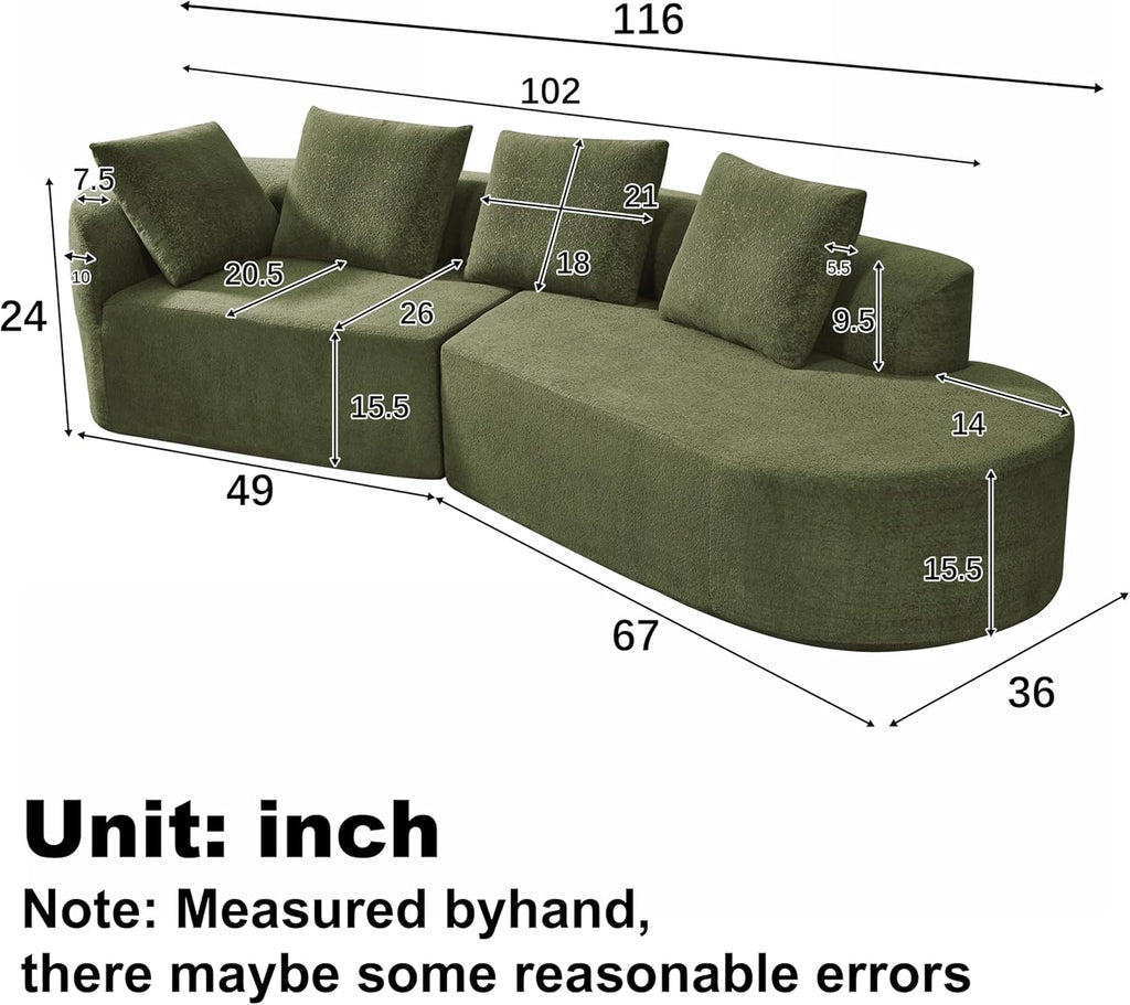 Merax 116' Curved Polyester Sectional Sofa, Modern Pearl Upholstery 3 Seat Cloud Couch with Chaise Lounge & 4 Pillows for Living Room, Green