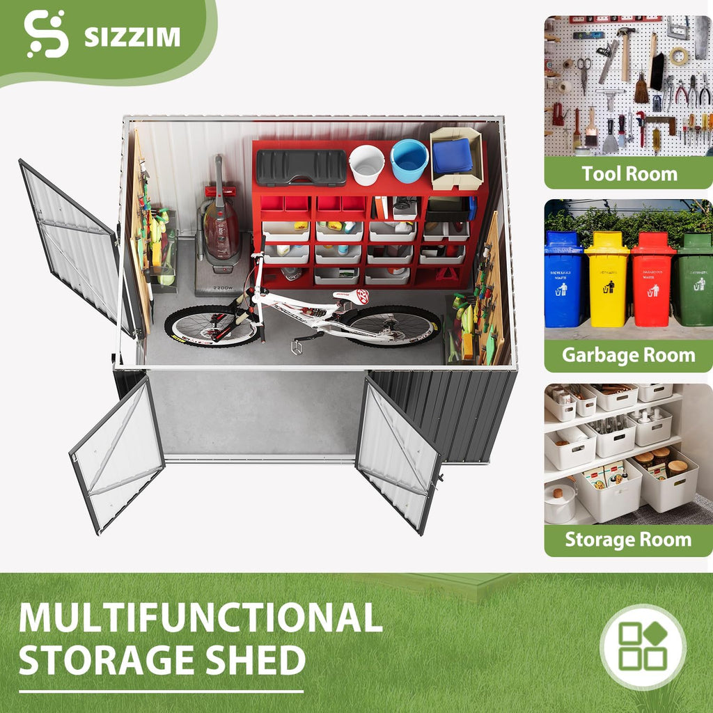 7.3'x5.3' Outdoor Metal Storage Shed with Triple Lockable Doors & Sloping Roof for Tools, Bicycles, and Garden Equipment