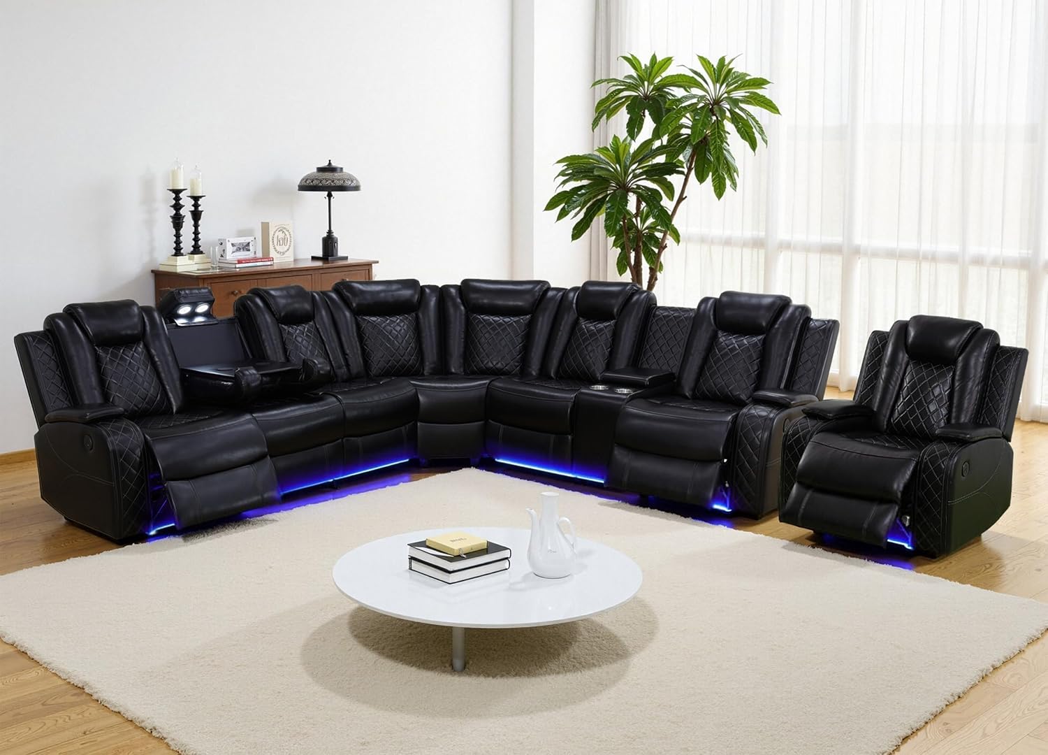 Power Recliner Sofa Set with LED, Breathing Leather Sectional Couch for Living Room, Living Room Furniture Set L Shaped Reclining Couch and Chair with Cup Holders&Storage (Black)