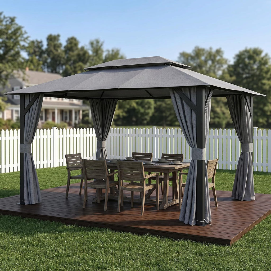 Domi 10'x13' Outdoor Gazebo for Patio, Soft Top Metal Gazebos with Double Roofs, Heavy Duty Party Tent with Mosquito Netting and Privacy Curtains for Backyard Garden Lawn Deck (Grey)