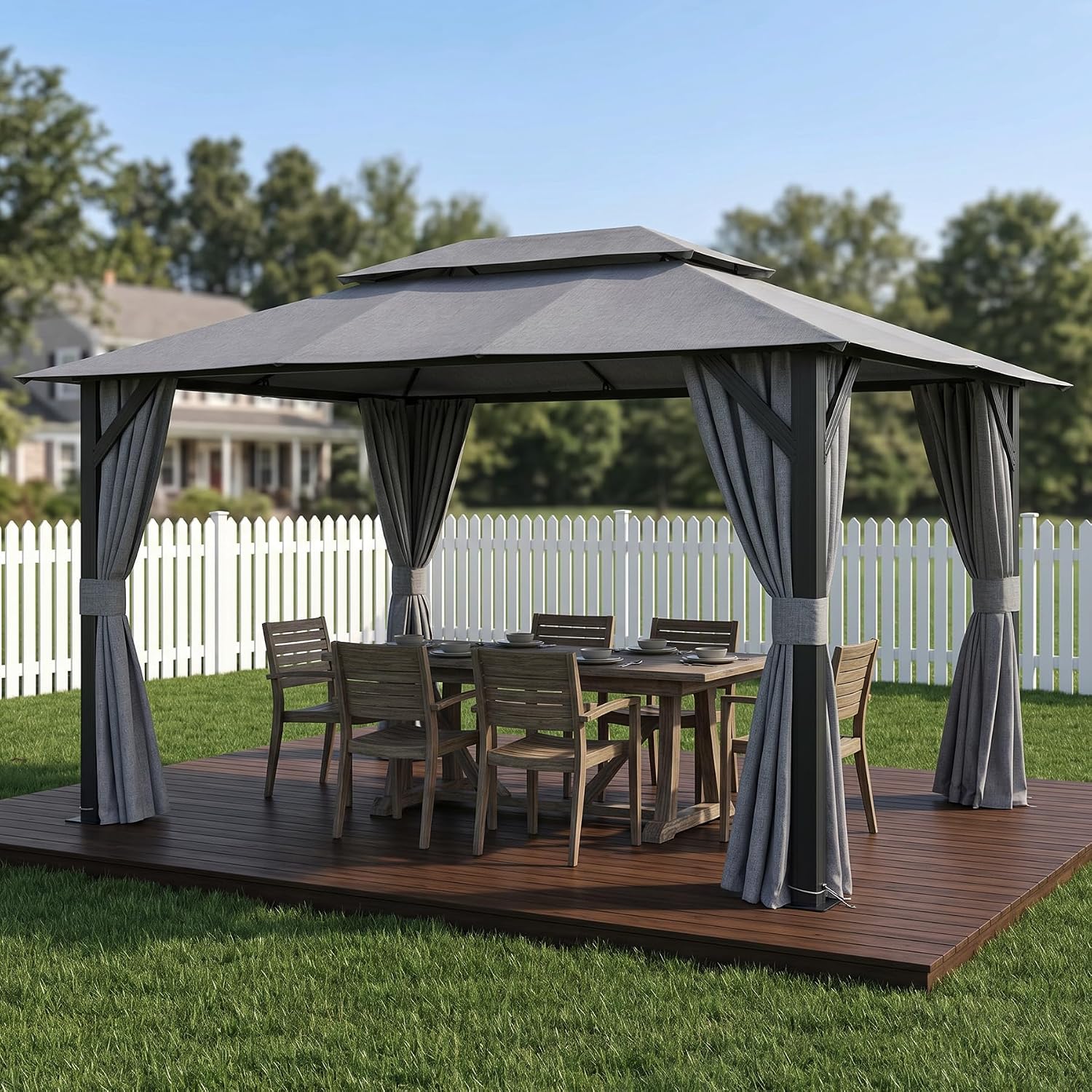 Domi 10'x13' Outdoor Gazebo for Patio, Soft Top Metal Gazebos with Double Roofs, Heavy Duty Party Tent with Mosquito Netting and Privacy Curtains for Backyard Garden Lawn Deck (Grey)