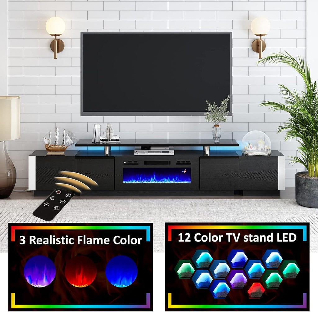 AMERLIFE 110' Large Fireplace TV Stand Set with 36' Electric Fireplace, Includes 70' 2-Tier Fireplace TV Stand, 2 x End Tables, Modern High Gloss TV Console with LED Light for Living Room, Black