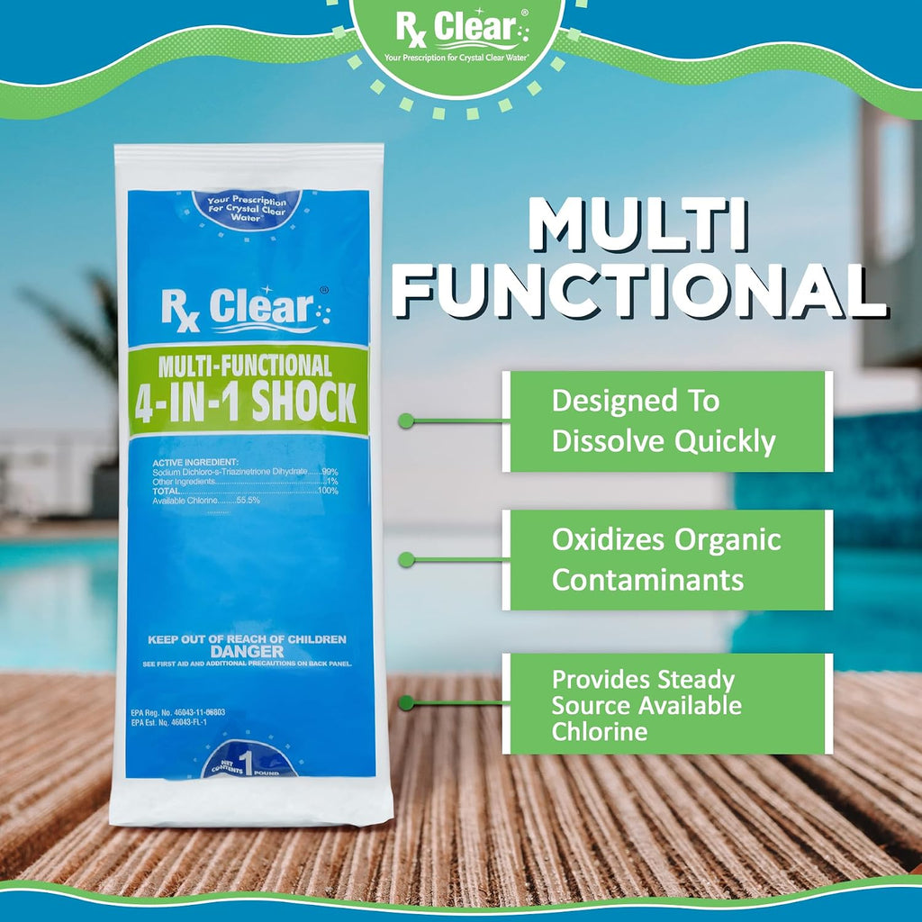 Rx Clear Multi-Functional 4-in-1 Swimming Pool Shock | 99% Sodium Dichloro-s-Triazinetrione Dihydrate | Kills Bacteria and Algae | One-Pound Bags | 24-Pack