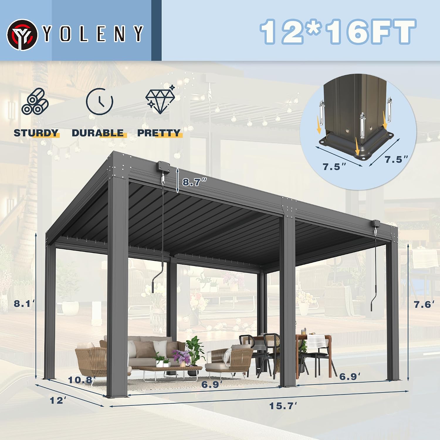 YOLENY 12x16ft Louvered Pergola, Outdoor Pergola with Adjustable Rainproof Roof, Aluminum Gazebo with 6 Panels Pull-Down Screen for Patio, Lawn, Garden, Backyard, Deck, Dark Gray