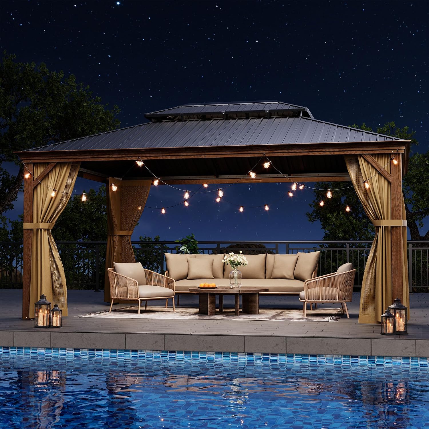 HOMPUS 12X16FT Hardtop Gazebo, Double Roof Gazebo with Galvanized Steel, Outdoor Metal Gazebos, Heavy Duty Canopy with Netting & Curtains, Patio Pavilion for Backyard, Garden, Deck, Drak Walnut
