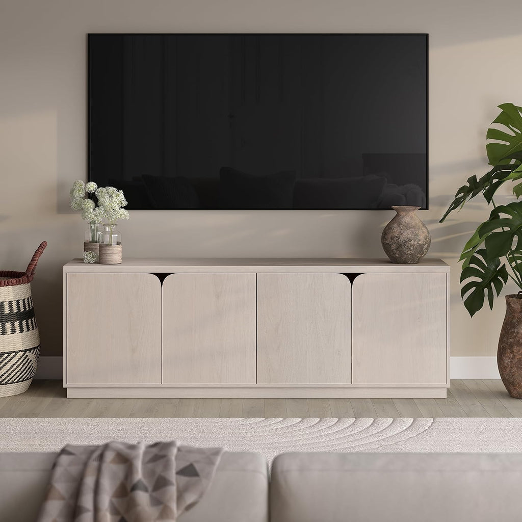 Henn&Hart TV Stand for TVs up to 78' with Concealed Storage Cabinets and Adjustable Shelves for Living Room, Family Room, or Office, Beech White