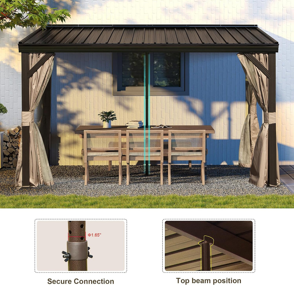 Domi 8x12FT Lean to Gazebo, Aluminum Wall Mounted Gazebo with Sloping Galvanized Steel Roof, Curtains and Netting, Outdoor Hardtop Shelter for Patio, Deck, Garden, Backyard