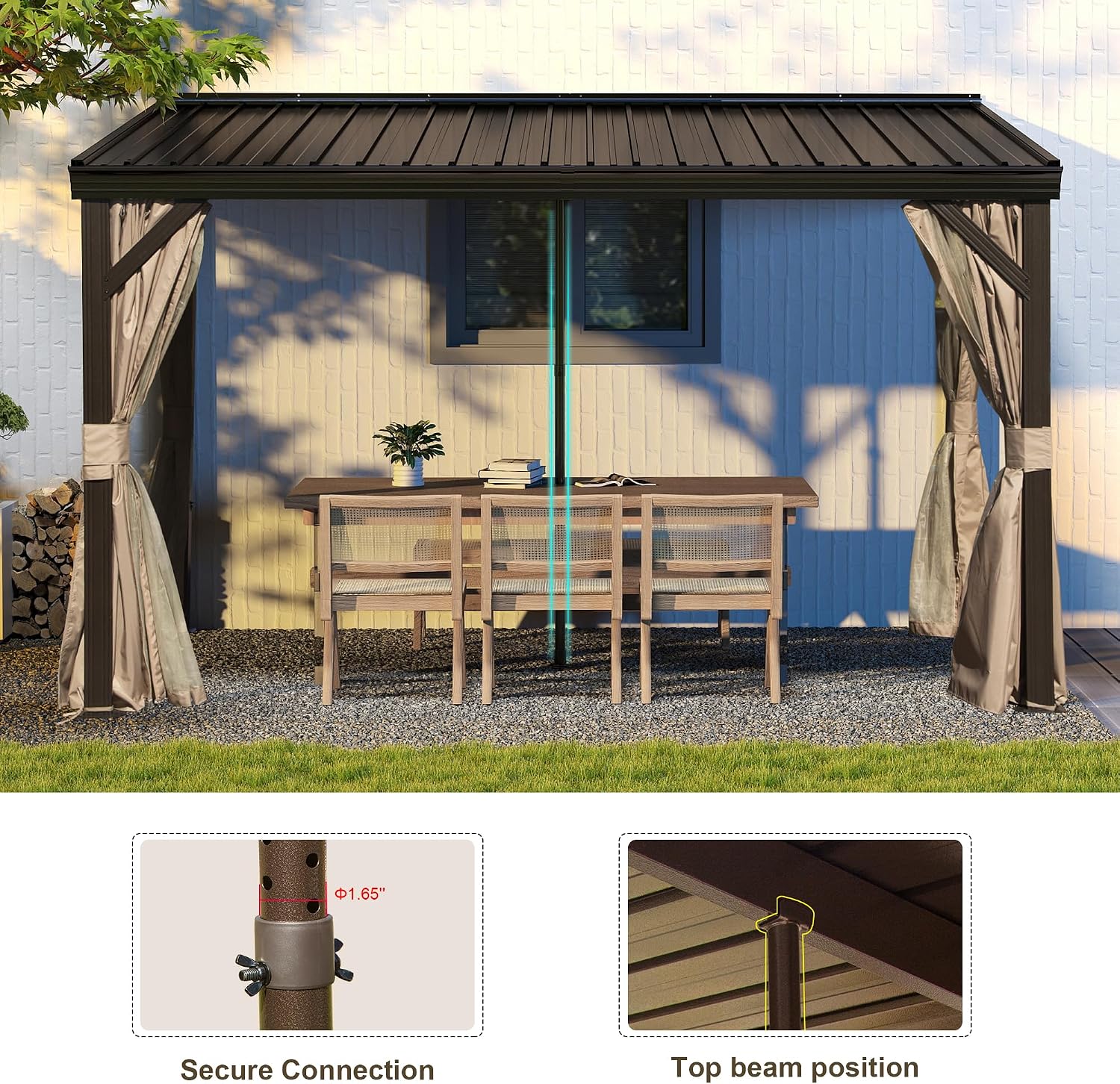 Domi 8x12FT Lean to Gazebo, Aluminum Wall Mounted Gazebo with Sloping Galvanized Steel Roof, Curtains and Netting, Outdoor Hardtop Shelter for Patio, Deck, Garden, Backyard