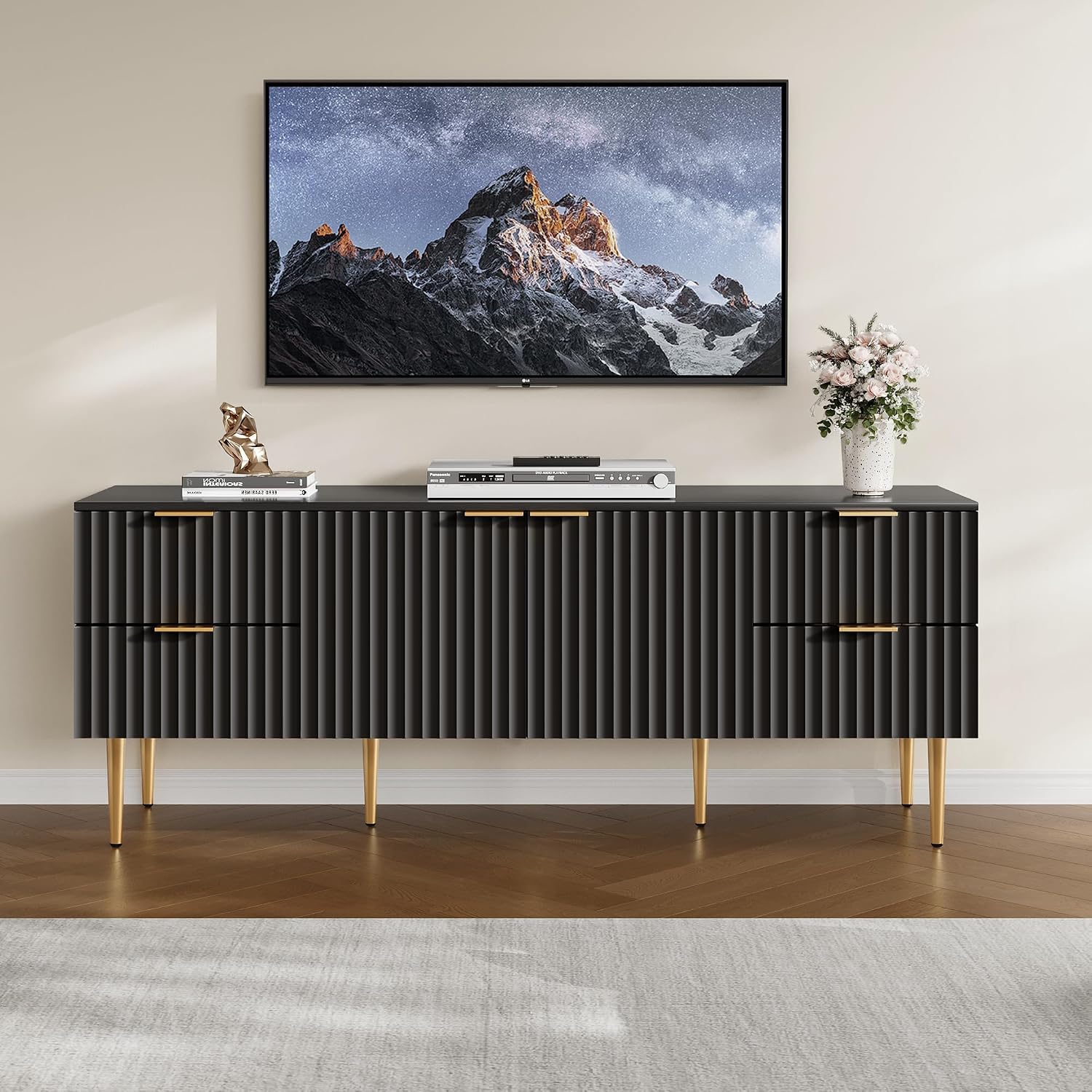 SICOTAS TV Stand for 55/60/65/70 Inch TV - 62 Inch TV Stands for Living Room Entertainment Center with 4 Drawers, Fluted Modern TV Media Console Television Cabinet for Bedroom (Black,1 Piece)