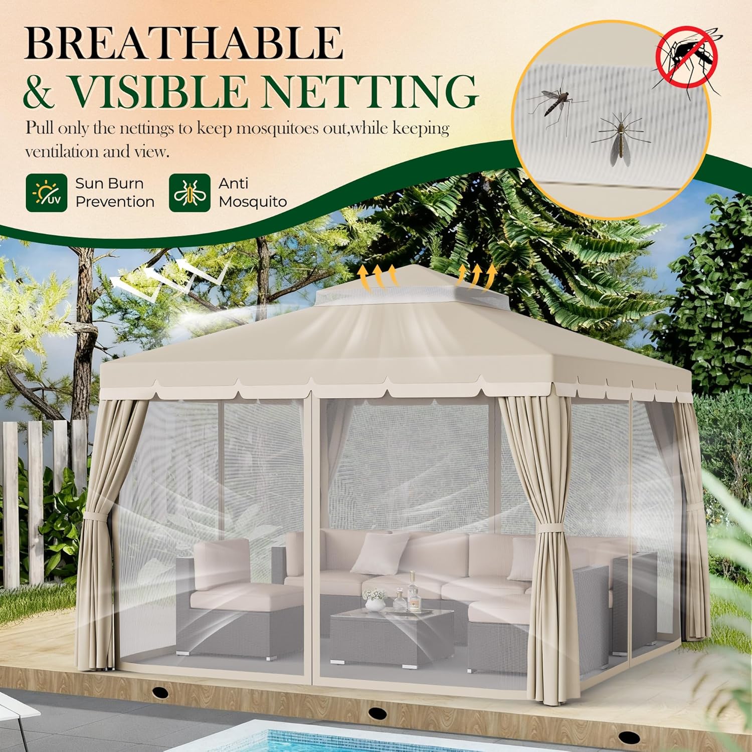 Incbruce Outdoor 10x10 FT Garden Gazebo, Steel Vented Double Roof Patios Canopy, Outside Gazebo with Mosquito Netting for Backyard, Lawns, Party (Beige)