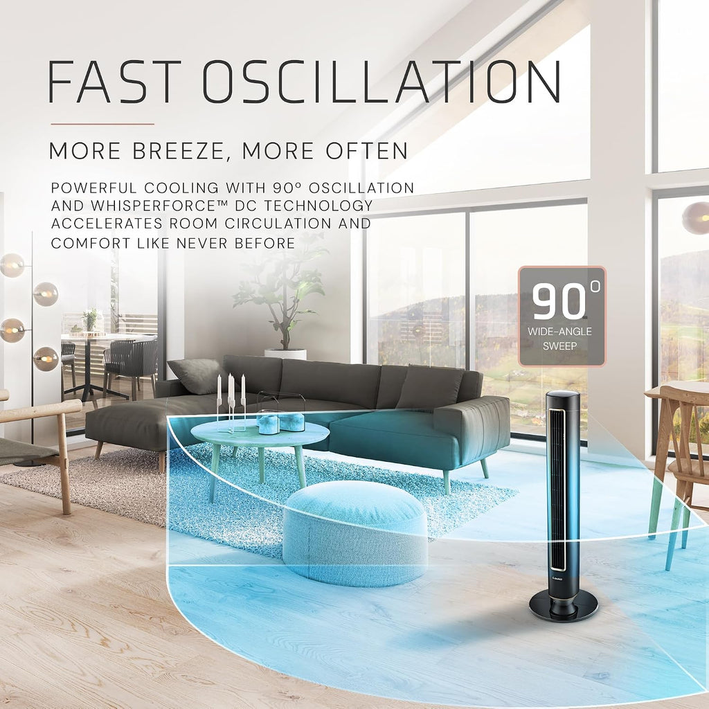 Lasko Pinnacle 40' Tower Fans for Home, 32 ft/s Airflow, Quiet 24dB, 90° Oscillation, Standing Fan for Bedroom with 24 Hour Timer, DC Motor, Air Filter for Hair & Dust, Night Light, Remote, DST100
