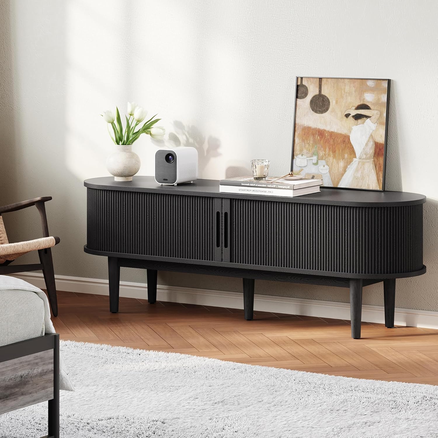 LINSY HOME Fluted TV Stand for 65' TV, Mid-Century Modern Wood Entertainment Center with Sliding Tambour Door and Storage Cabinet, Boho TV Media Console Table for Living Room, Bedroom, Black