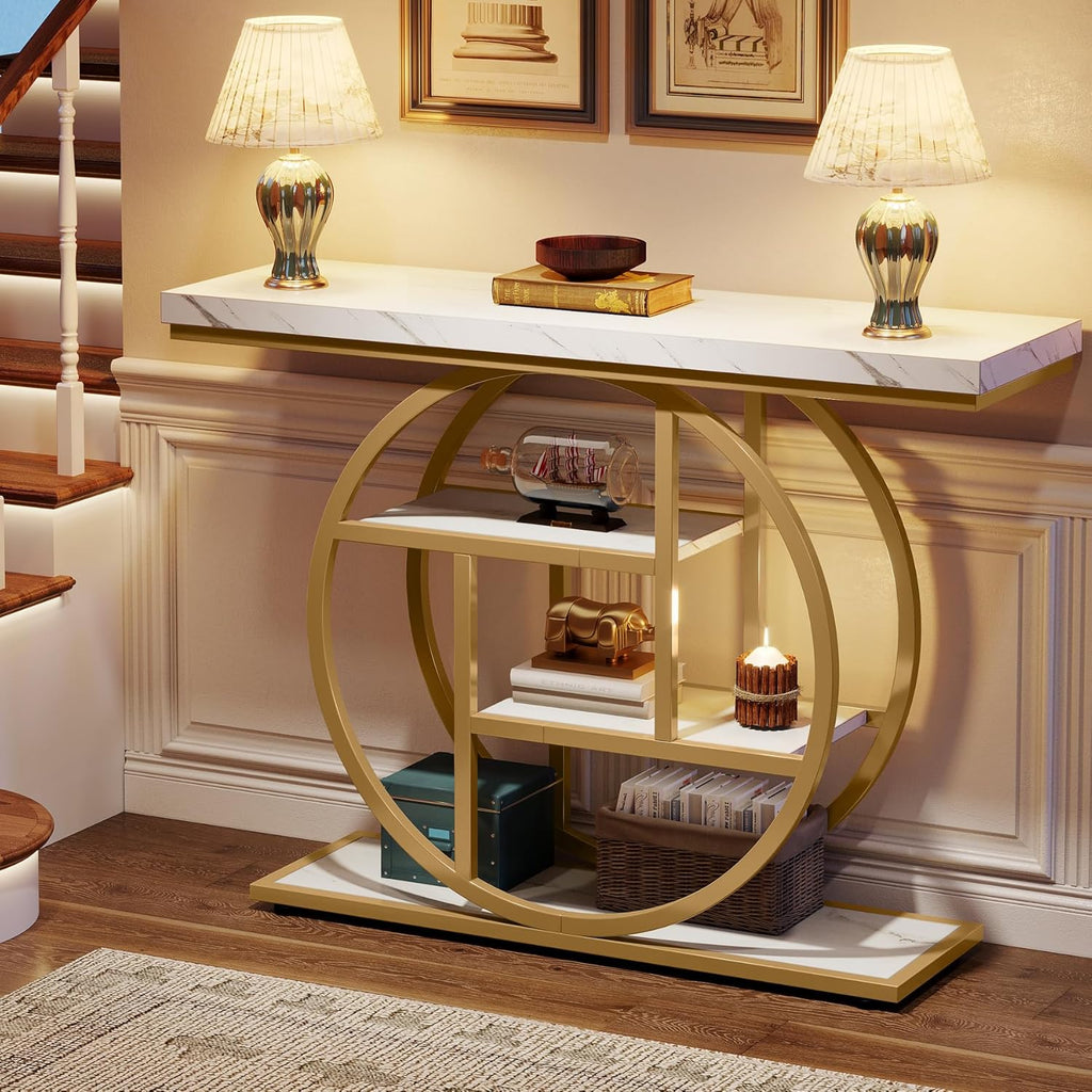 Tribesigns 41.3' Console Table, Industrial 4-Tier Sofa Entryway Table with Circle Base, Narrow Wood Accent Tables with Storage Shelves for Living Room, Hallway, Foyer, White Gold