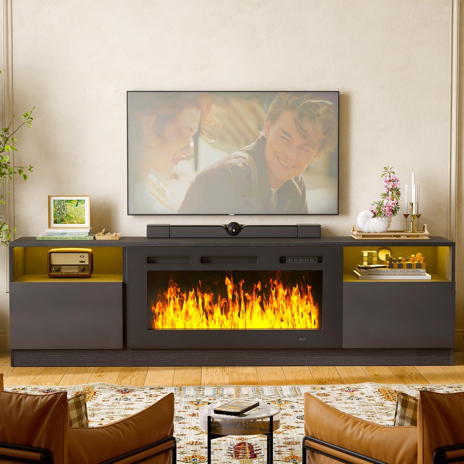 MXV 80' Fireplace TV Stand for TVs Up to 90', LED Light Entertainment Center with 36' Electric Fireplace, Modern Wood Texture TV Media Console with Highlight Storage Cabinet, Black+Black