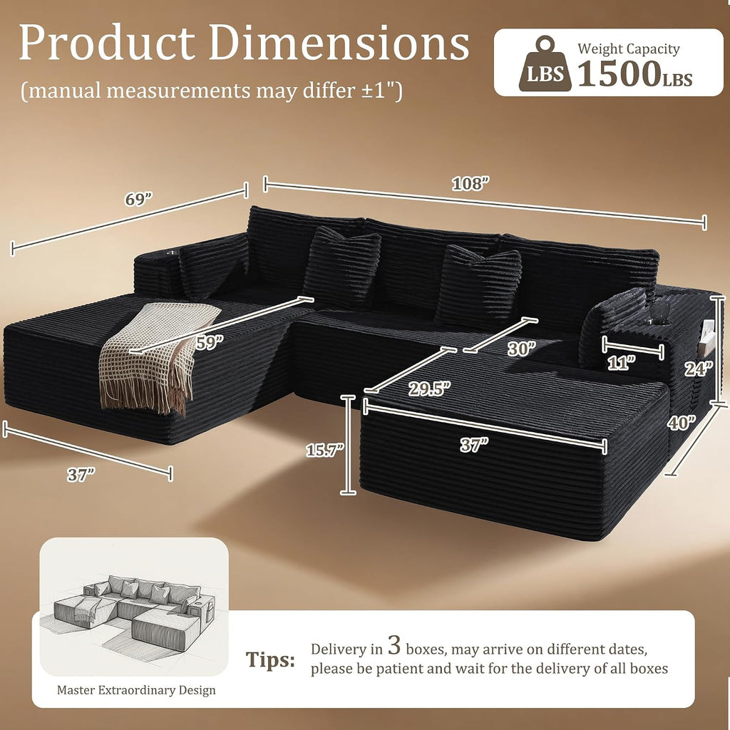 108' Cloud Sectional Couch, Comfort U Shaped Boneless Couch for Living Room, Extra Deep Seats No Assembly, Minimalist Modular Sofa, Corduroy (Black, Right Facing Chaise+2 Seater+Ottoman)