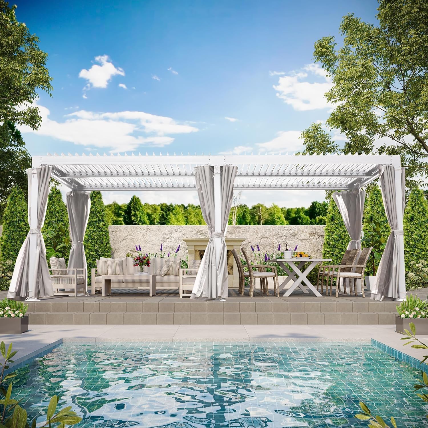 10' × 20' Louvered Pergola, Outdoor Aluminium Canopy with Adjustable Roof Curtains and Netting for Patio, Deck, Garden, Yard, Beach. (White)