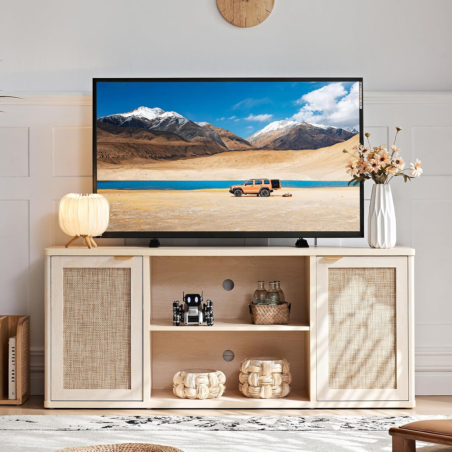 LEYAOYAO Rattan TV Stands for Living Room, Boho TV Cabinet with Storage and Open Shelf, Rustic Wood Entertainment Center, Media Console for 50-65 Inch TV, Light Wood