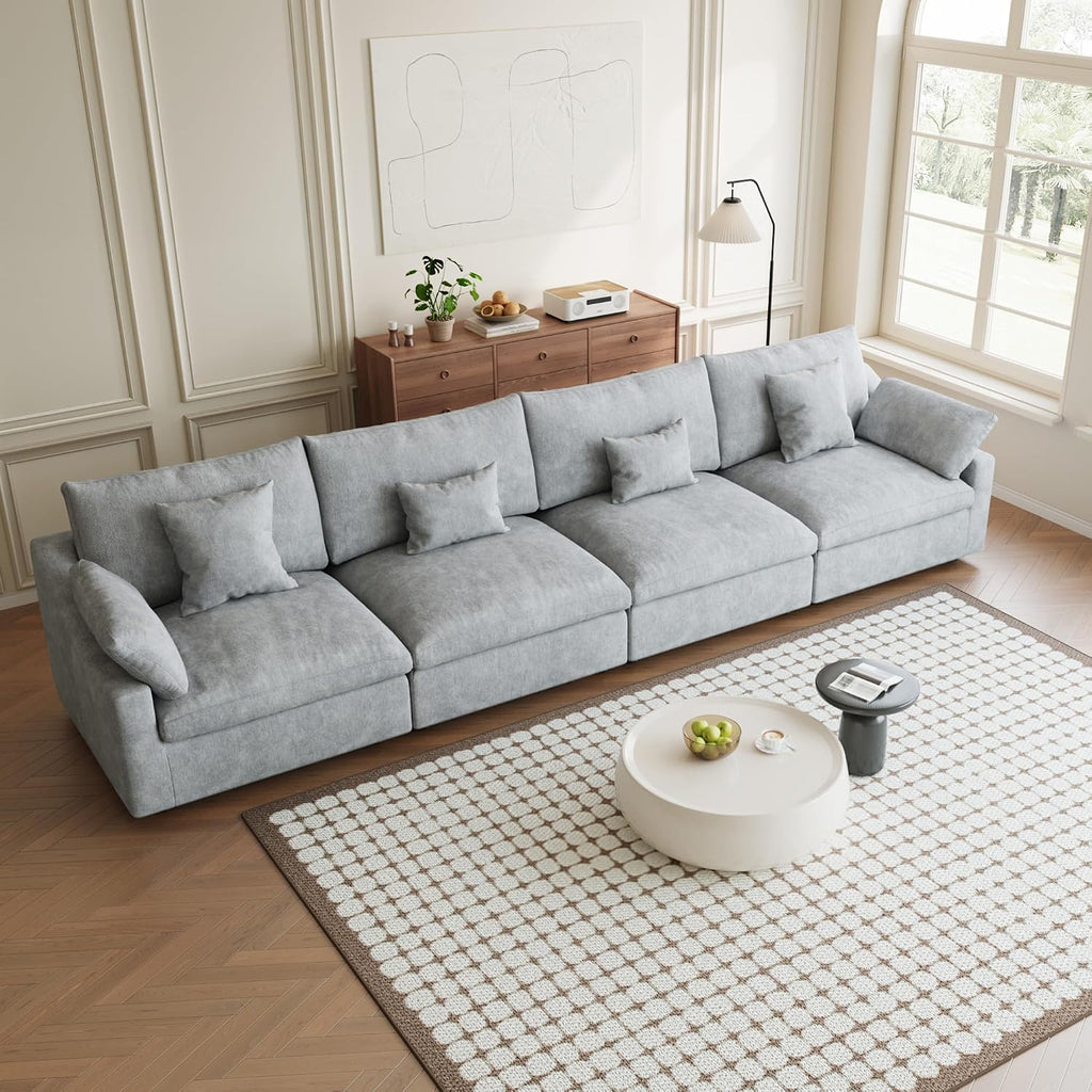 Modular Sectional Sofa Cloud Couch, 155.9' Oversized 4 Seater Sofa Couch with Pillows, Linen Blend Fabric Minimalist Deep Seat Couches for Living Room, Sofa Covers Washable&Removable, Grey
