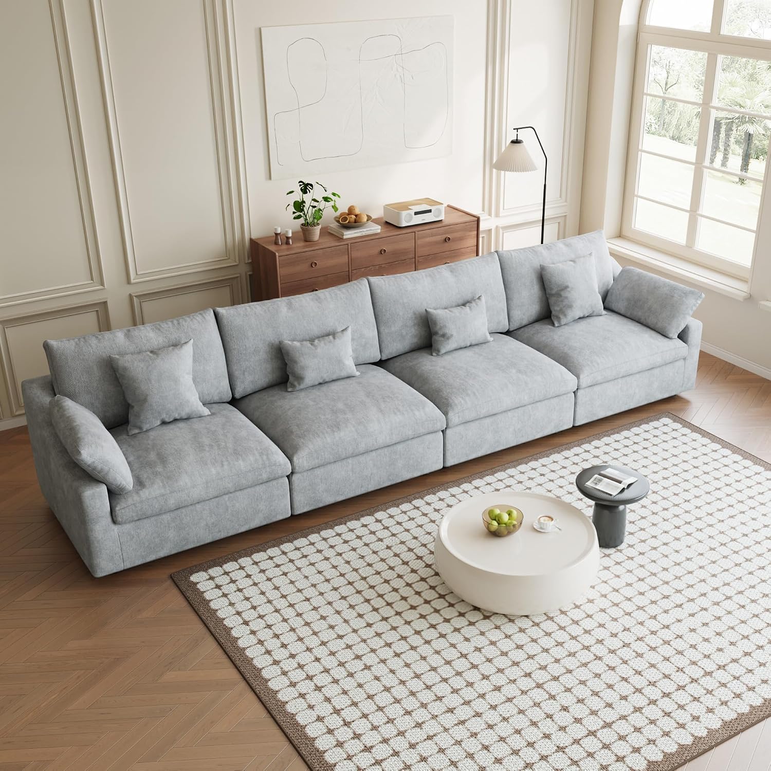 Modular Sectional Sofa Cloud Couch, 155.9' Oversized 4 Seater Sofa Couch with Pillows, Linen Blend Fabric Minimalist Deep Seat Couches for Living Room, Sofa Covers Washable&Removable, Grey