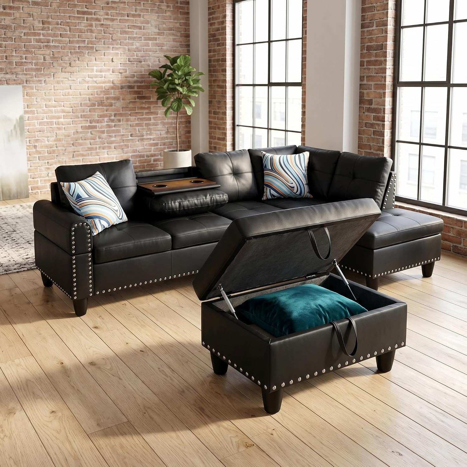 97.5' Leather L Shaped Couch Set Black, Modular Sectional Couches for Living Room with Storage Ottoman, 4 Seat Home Sofa Living Room Furniture Sets with Chaise for Apartment Office