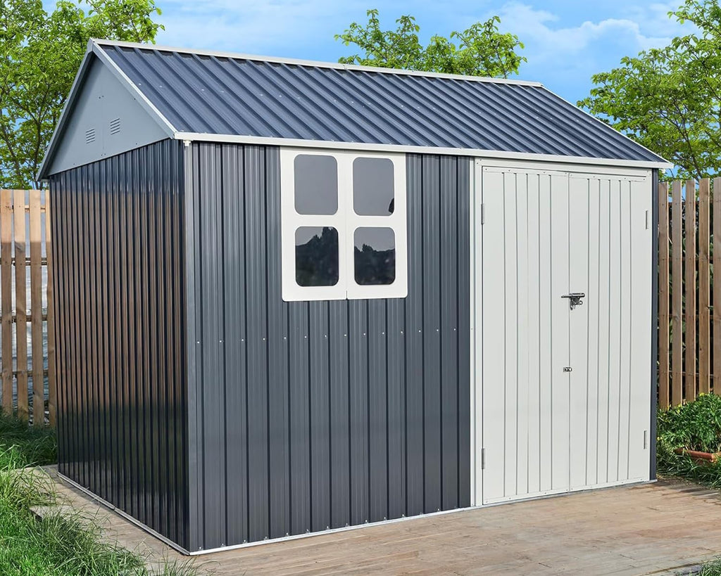 VanAcc 10x8x8 FT Shed 4-pane Window Nordic Cottage Storage Shed Outdoor Metal Garden House Double Hinged Lockable Doors for Backyard Garden Patio Lawn Dark Grey/White
