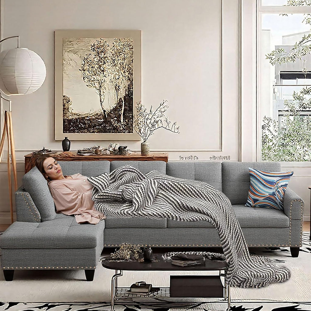 Modular L-Shaped Sectional Sofa, Modern Couches with Movable Chaise, Convertible 4-Seater Couch for Bedroom, Apartment & Office, Brown Grey