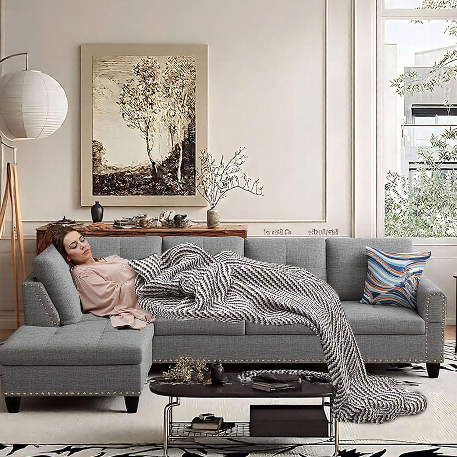 Modular L-Shaped Sectional Sofa, Modern Couches with Movable Chaise, Convertible 4-Seater Couch for Bedroom, Apartment & Office, Brown Grey