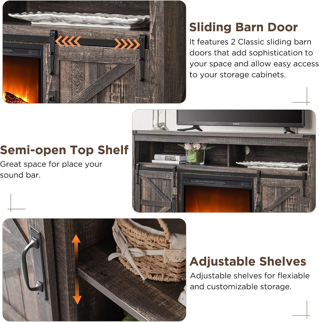 OKD Fireplace TV Stand for 65+ Inch TV, 33' Tall Highboy Farmhouse Entertainment Center w/ 23'' Electric Fireplace, Rustic Media Console w/Sliding Barn Door for Living Room, Dark Rustic Oak