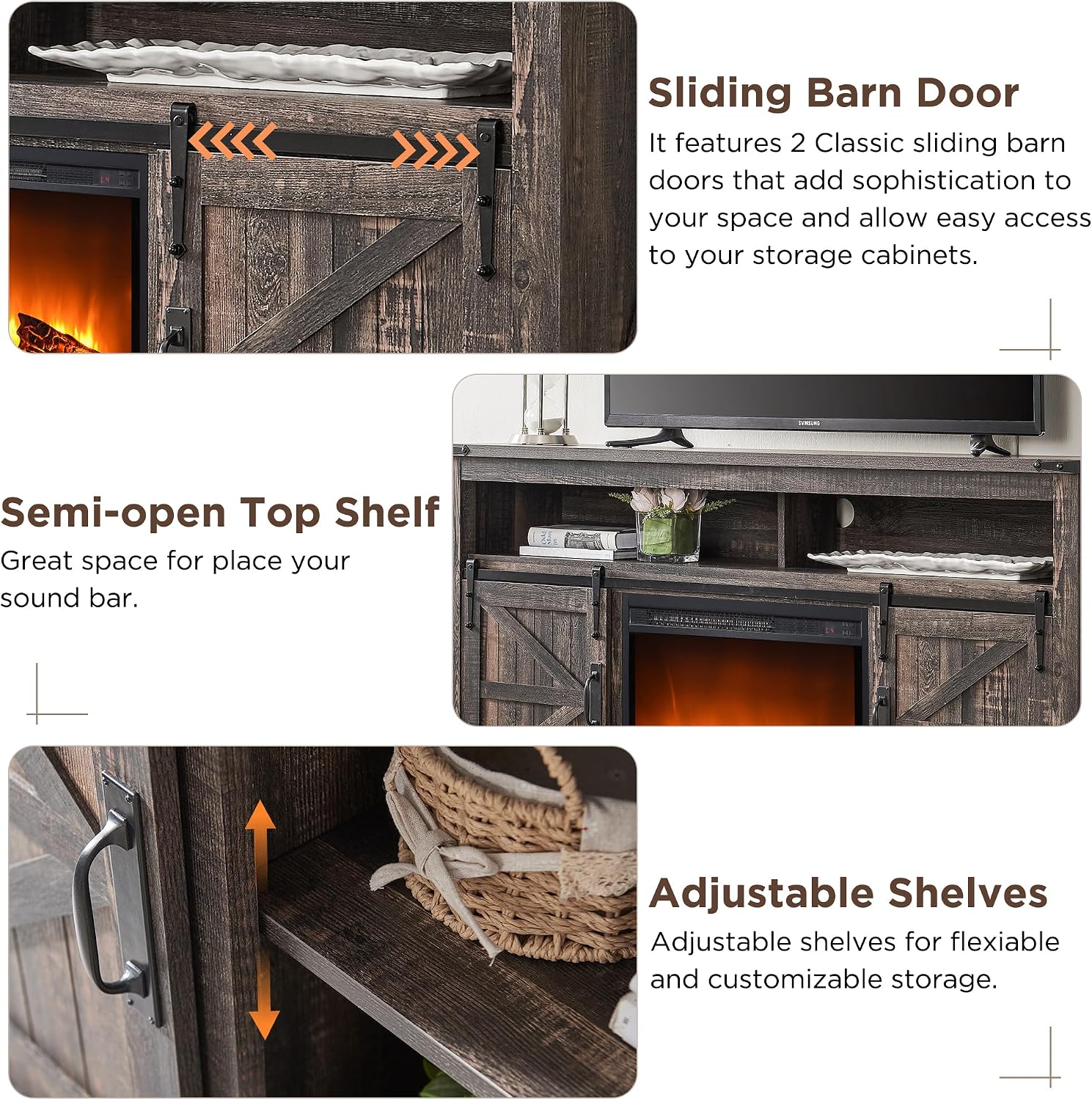OKD Fireplace TV Stand for 65+ Inch TV, 33' Tall Highboy Farmhouse Entertainment Center w/ 23'' Electric Fireplace, Rustic Media Console w/Sliding Barn Door for Living Room, Dark Rustic Oak