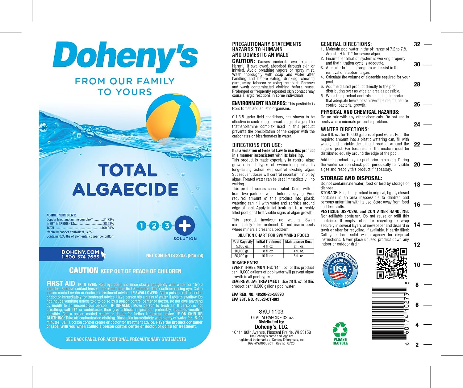 Doheny's Total Algaecide | 100% Professional-Grade | Extra Strength & Effective Against All Types of Algae | Non-Foaming & Non-Staining Formula | 90-Day Prevention | Set of (4) - 32 Ounce Bottles