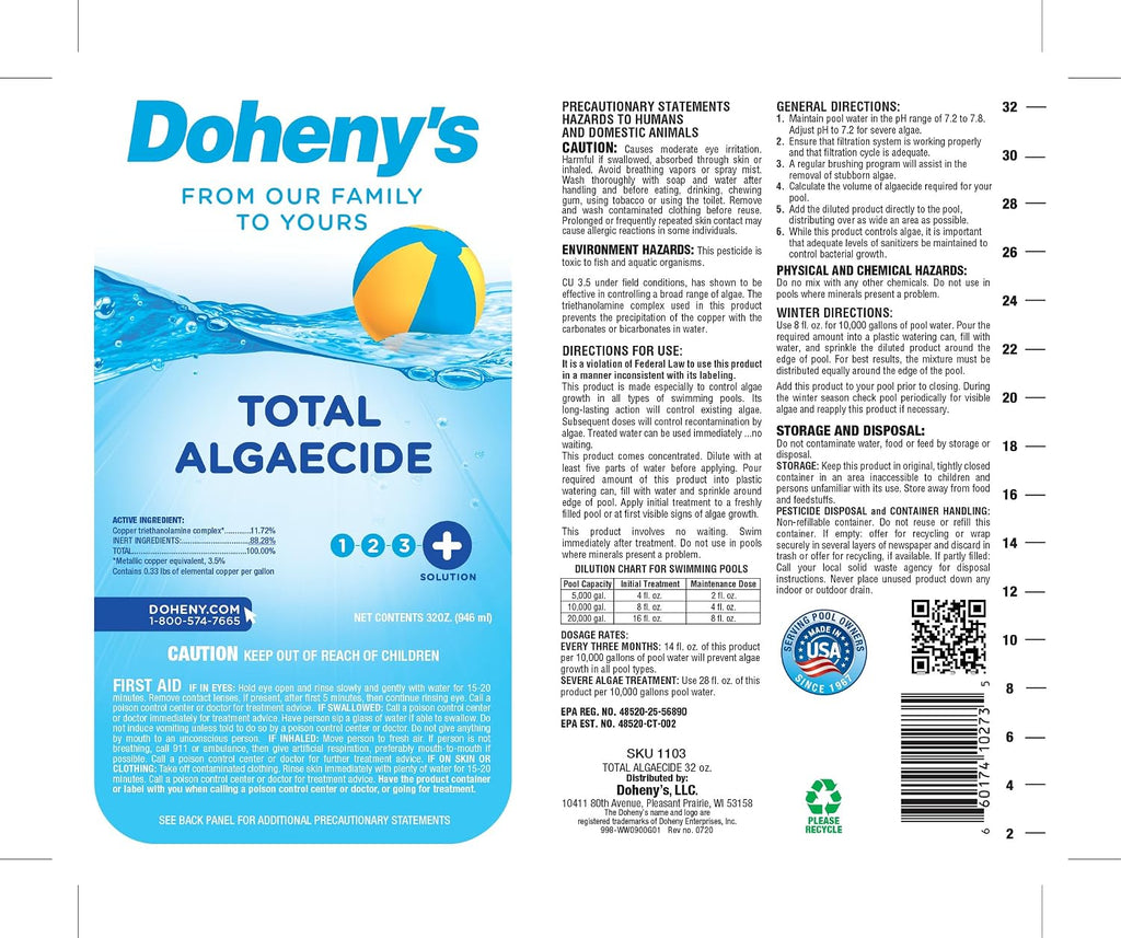 Doheny's Total Algaecide | 100% Professional-Grade | Extra Strength & Effective Against All Types of Algae | Non-Foaming & Non-Staining Formula | 90-Day Prevention | Set of (12) - 32 Ounce Bottles