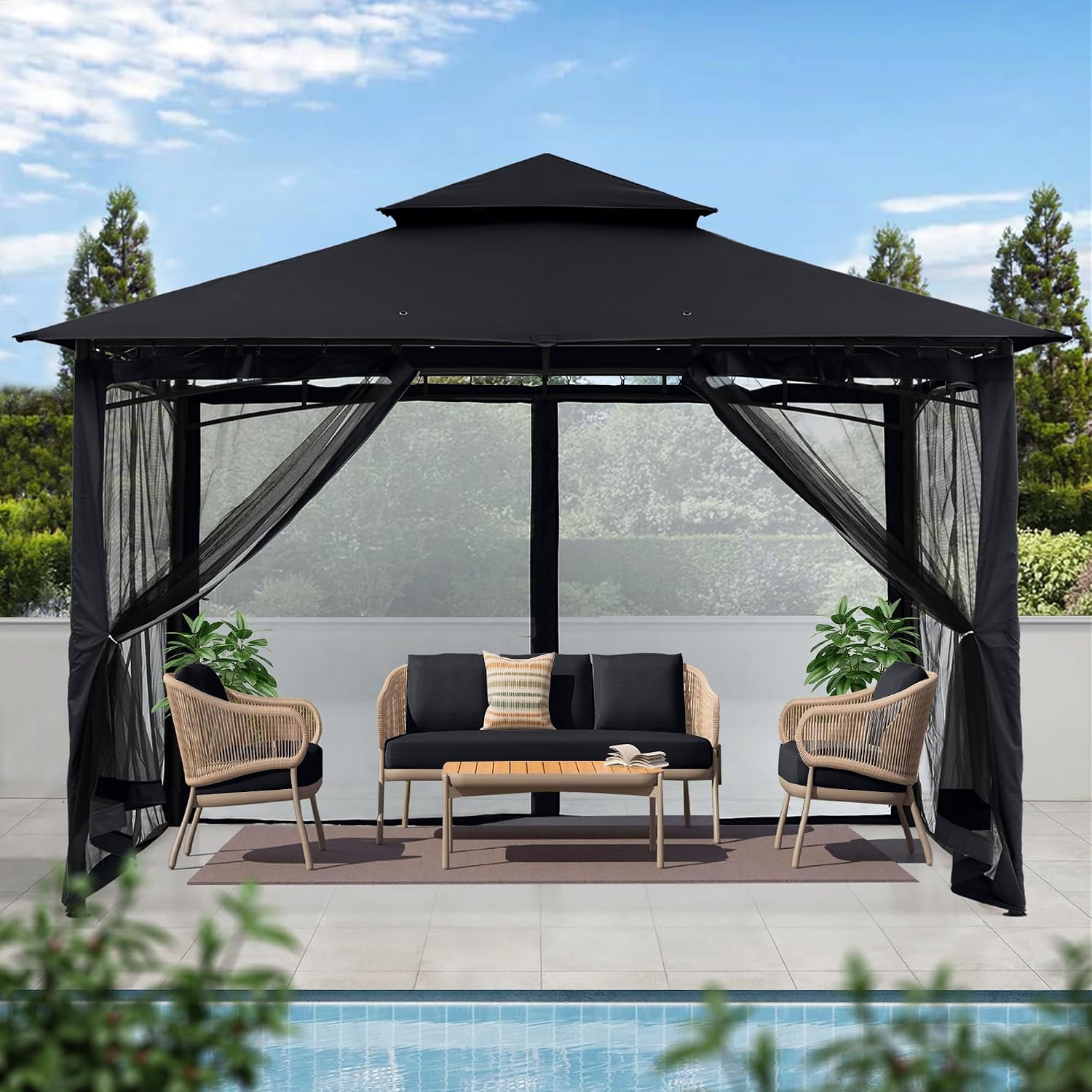MASTERCANOPY Outdoor Garden Gazebo for Patios with Stable Steel Frame and Netting Walls (11x11,Black)
