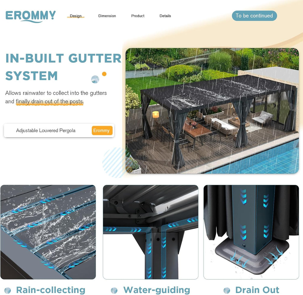 EROMMY 10x20FT Louvered Pergola Outdoor Sun Shade Shelter with Aluminum Frame and Adjustable Metal Rainproof Roof for Garden & Patio, Curtains and Netting Included, Gray-Black