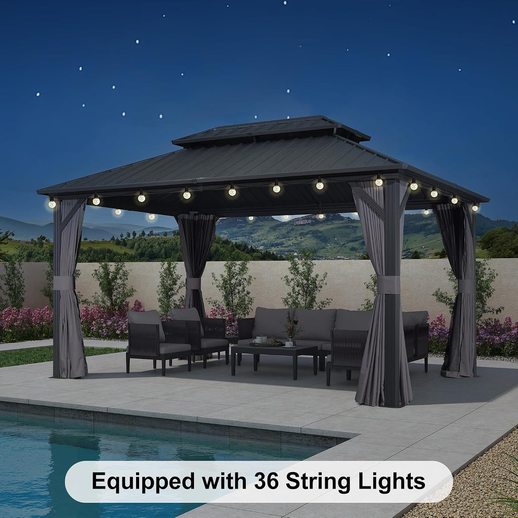 PURPLE LEAF 10'x14' Hardtop Gazebo with Lights Wind-Resistant Galvanized Steel Dual-Layer Double Roof Outdoor Patio Pavilion Including Netting and Privacy Curtains for Lawn Garden Backyard Grey
