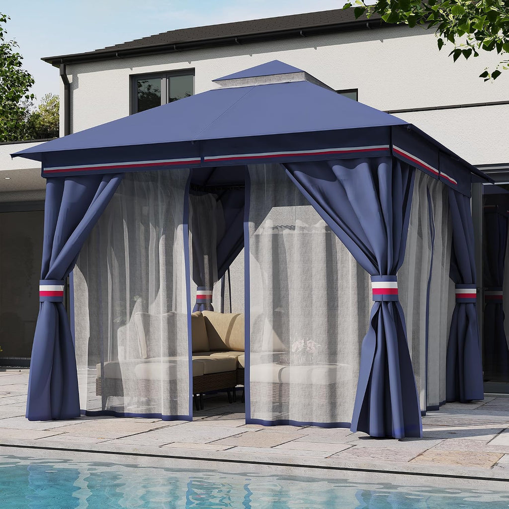 LAUSAINT HOME Gazebo 10x10ft, Heavy Duty Patio Gazebo with Expansion Bolts, Party Canopy Tent with Double Roofs, Mosquito Nettings and Privacy Screens for Backyard, Garden, Lawn, Classic Blue