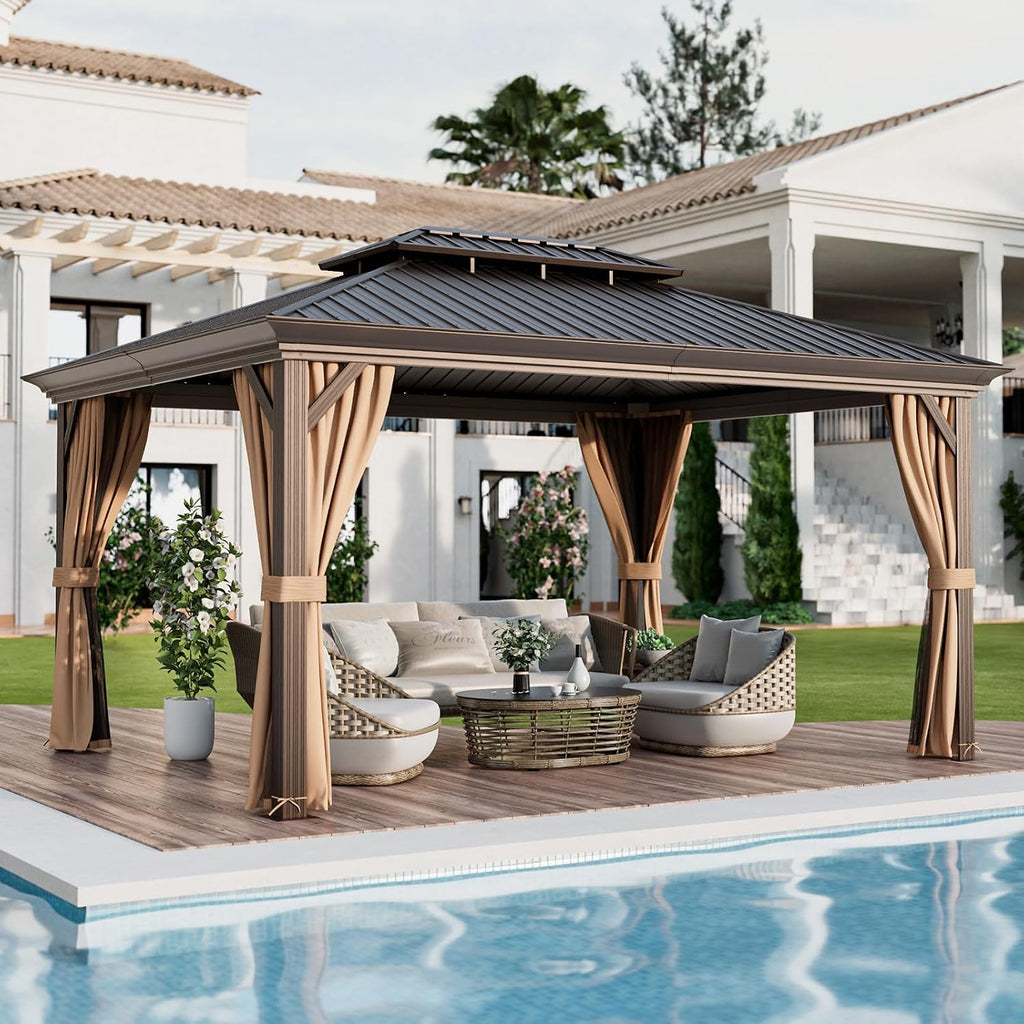 Tangkula 12x16 Ft Hardtop Double-Roof Patio Gazebo with Galvanized Steel Roof, Aluminum Frame, Tan Color