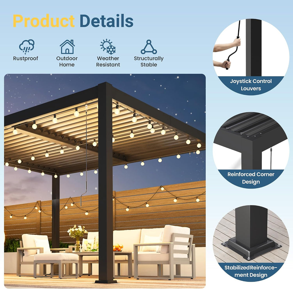 10' x 12' Louvered Pergola, Metal Outdoor Pergola with Adjustable Louvered Roof & Gutter System, Hardtop Patio Gazebo for Backyard, Deck, Garden, Dark Gray