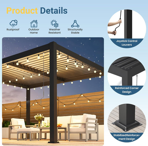 10' x 12' Louvered Pergola, Metal Outdoor Pergola with Adjustable Louvered Roof & Gutter System, Hardtop Patio Gazebo for Backyard, Deck, Garden, Dark Gray