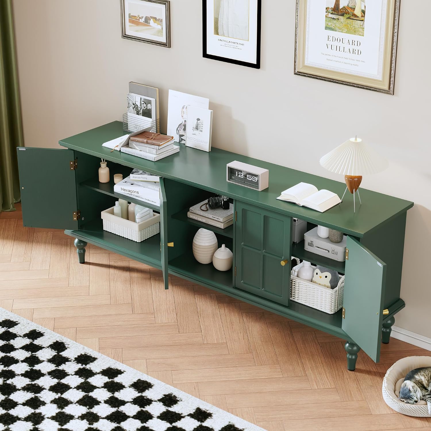 3More 67' Mid Century Modern TV Stand with Window Design,Wood Entertainment Center with Open Shelf,Up to 70' Media TV for Living Room or Bedroom,Green