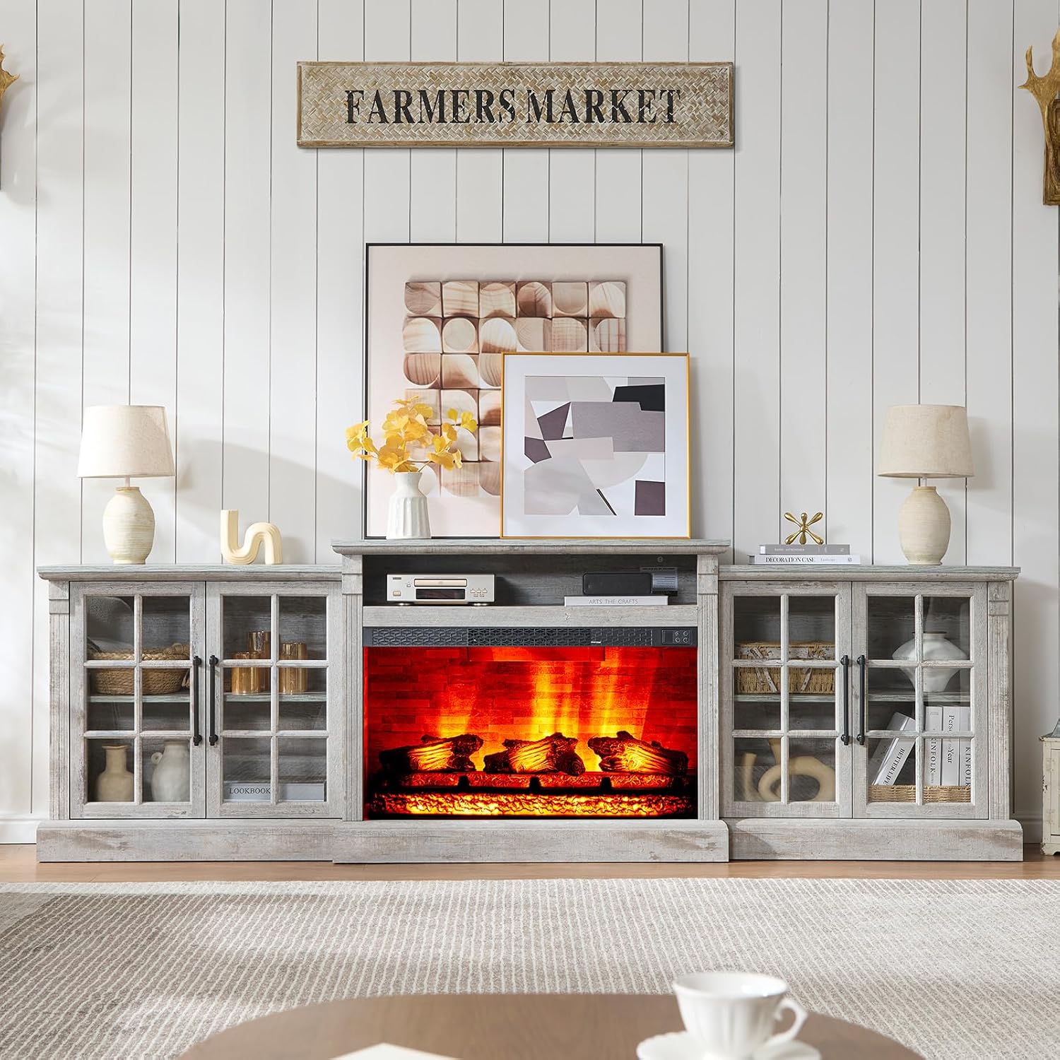 AMERLIFE 97' Farmhouse Fireplace TV Stand, Entertainment Center with Large Storage Space and Adjustable Shelf, Media Console for Living Room, Light Grey