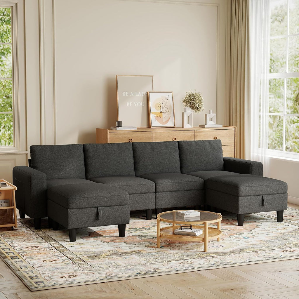 Modular Sectional Couches for Living Room, 110' U Shaped Sectional Sofa Couch with Adjustable Backrest, 6 Seat Linen Cloud Couch Sectionals with Storage Ottoman for Apartment (Dark Grey)