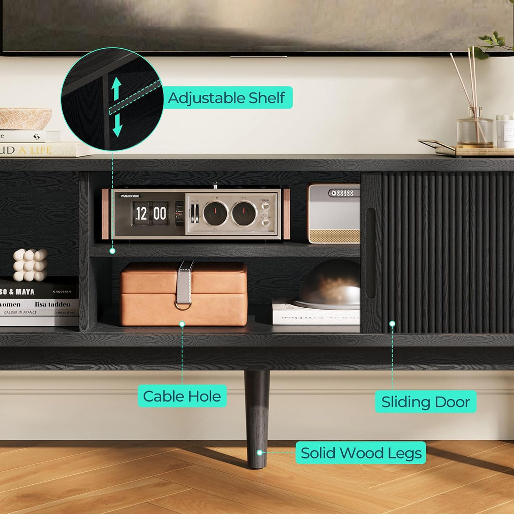 LINSY HOME Fluted TV Stand for 65' TV, Mid-Century Modern Wood Entertainment Center with Sliding Tambour Door and Storage Cabinet, Boho TV Media Console Table for Living Room, Bedroom, Black